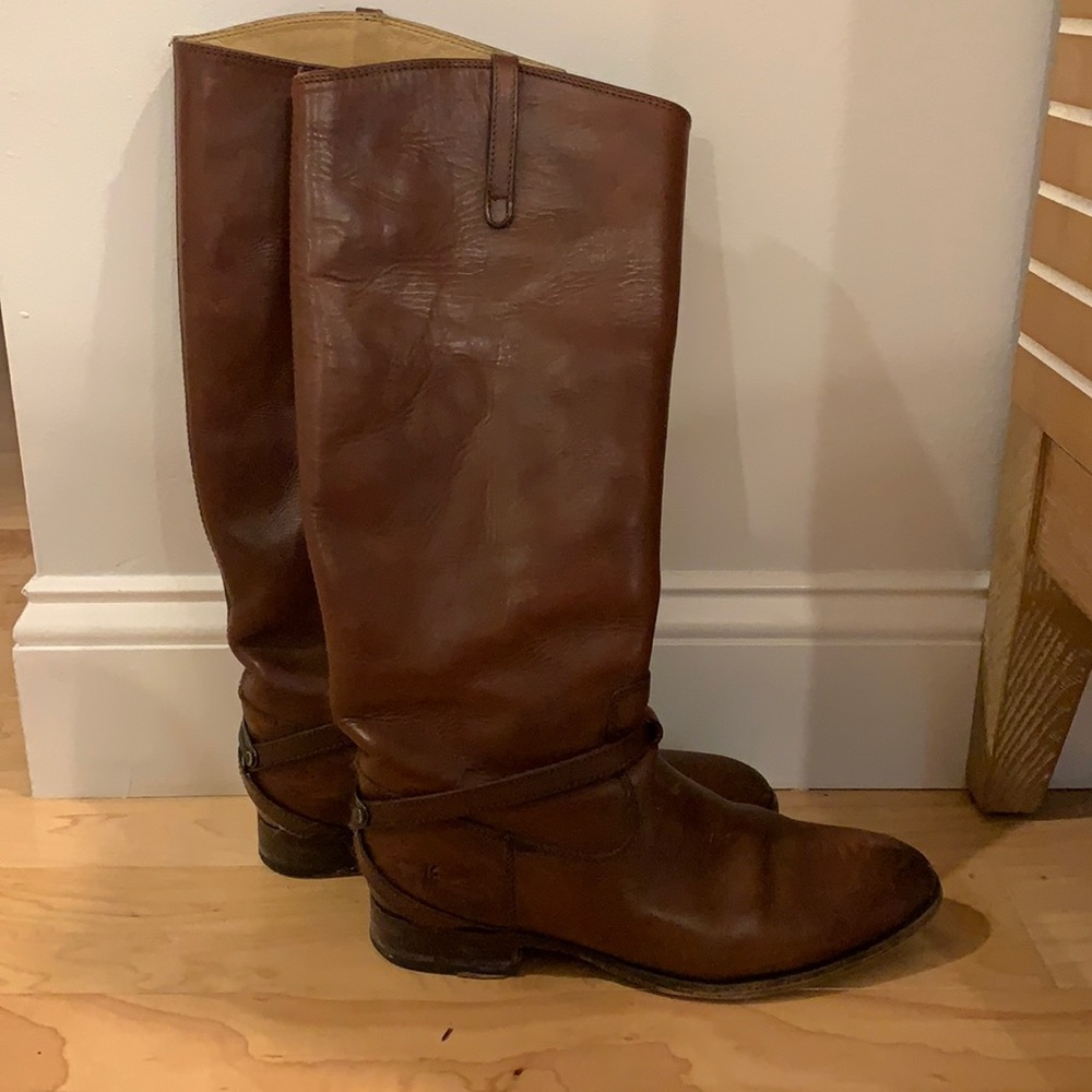 Size 9.5 Frye Riding Boots, cognac brown, Lindsay Plate Frye Boot, Tall Leather